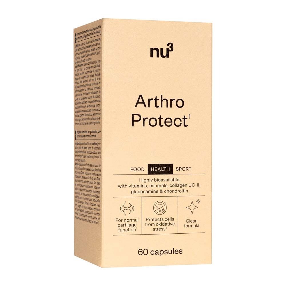 Beige Kartonverpackung. Aufschrift: nu3, Arthro Protect, 60 Kapseln. FOOD, HEALTH, SPORT. Abbildungen: Knorpelfunktion, oxidativer Stress, Clean Formula.