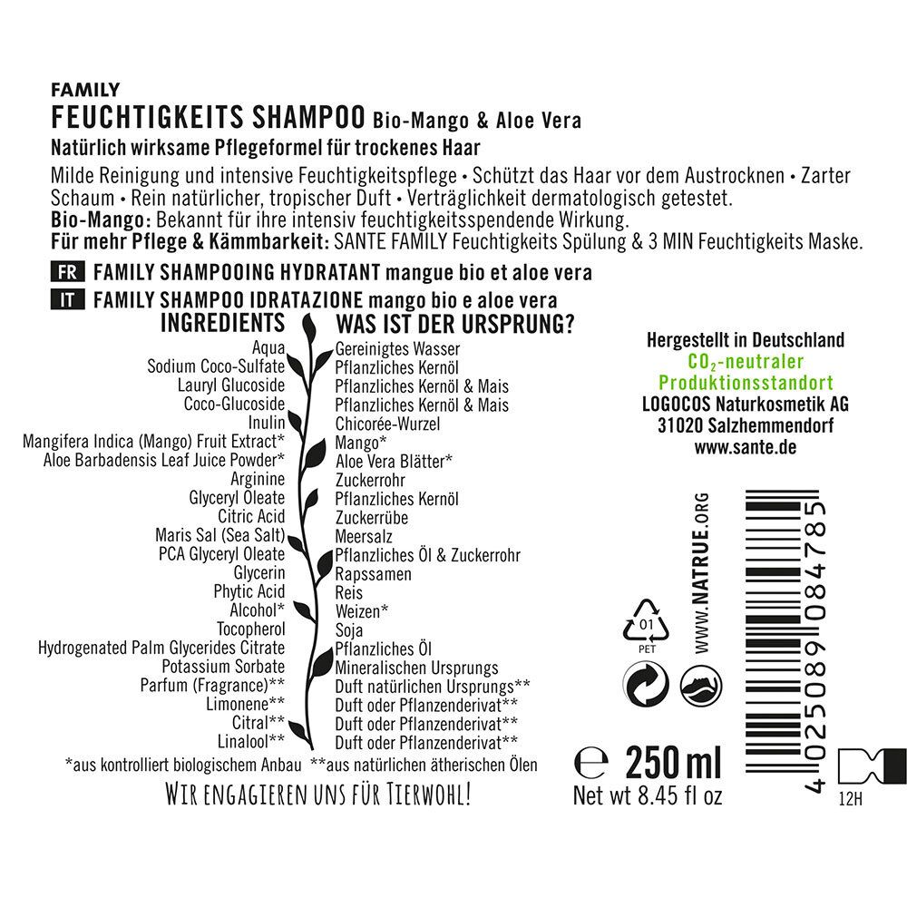 SANTE Naturkosmetik Family  Feuchtigkeits Shampoo Bio-Mange & Aloe Vera