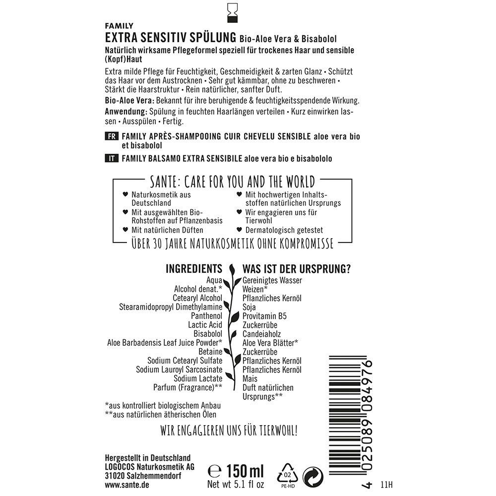 SANTE Naturkosmetik Family Après-Shampooing Extra Sensitiv Bio & Aloe Vera & Bisabolo