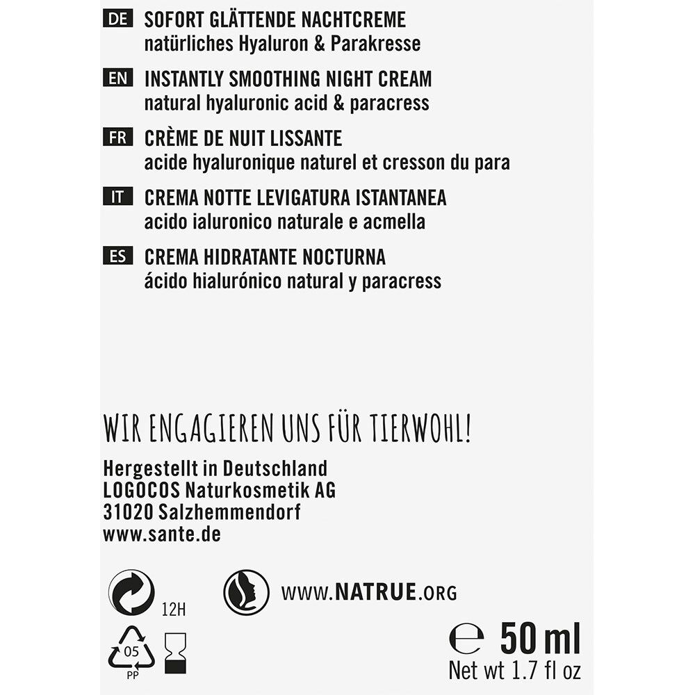 SANTE Naturkosmetik Sofort Glättende Nachtcreme Natürliches Hyaluron & Parakresse