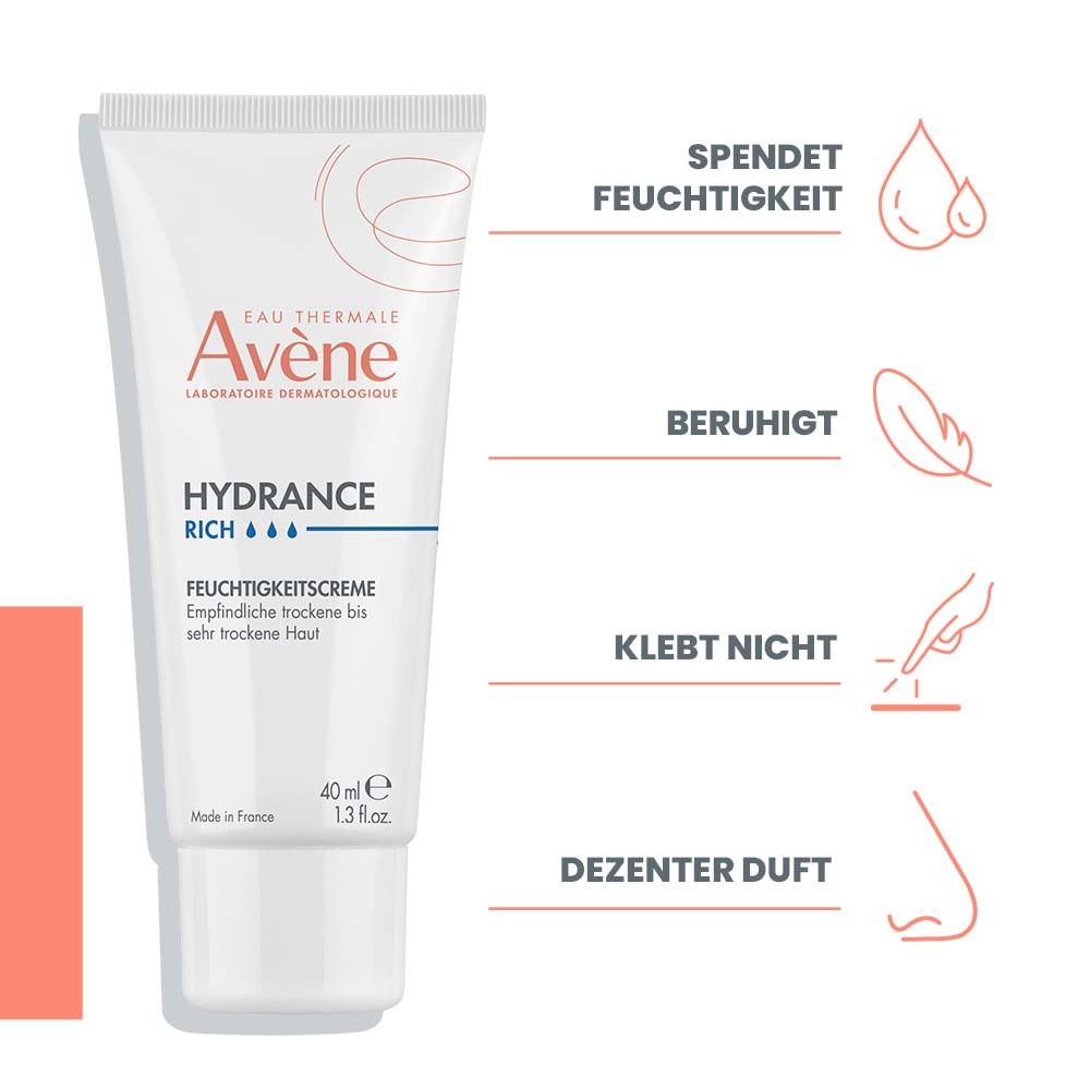 Tube Avène Hydrance Rich. Caractéristiques : hydrate, apaise, non collant, parfum discret. 40 ml.
