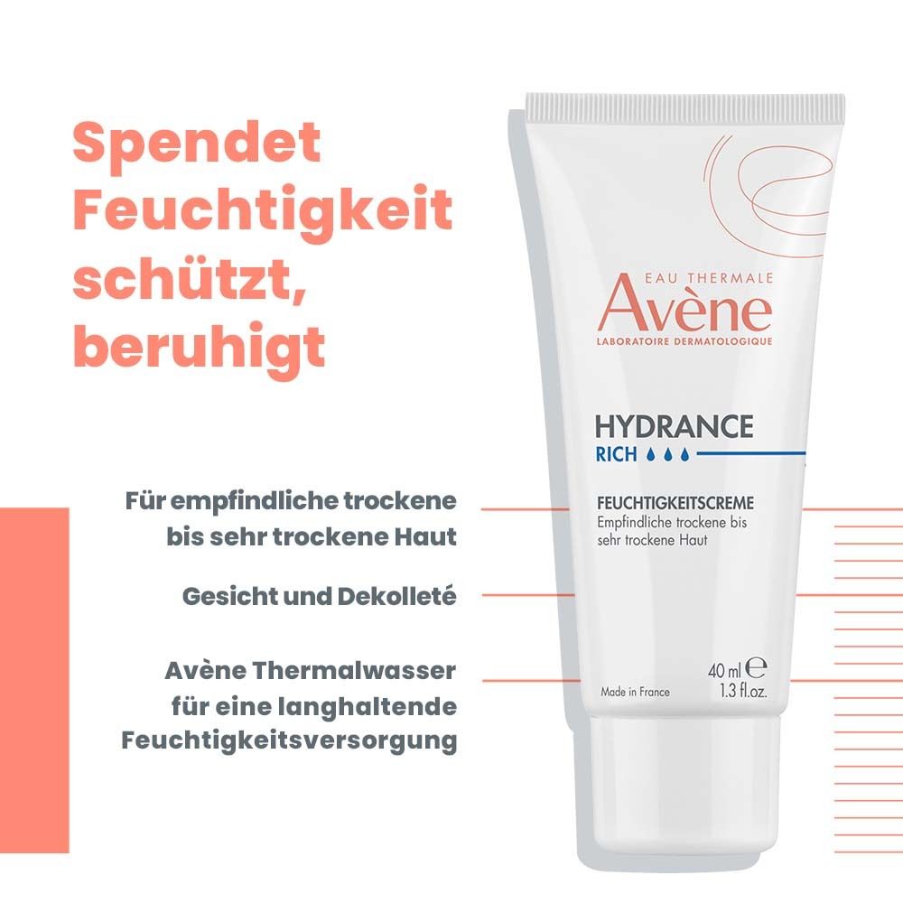 Tube Avène Hydrance Rich. Hydrate, protège, apaise. Pour peaux sèches. Visage et décolleté. 40 ml.