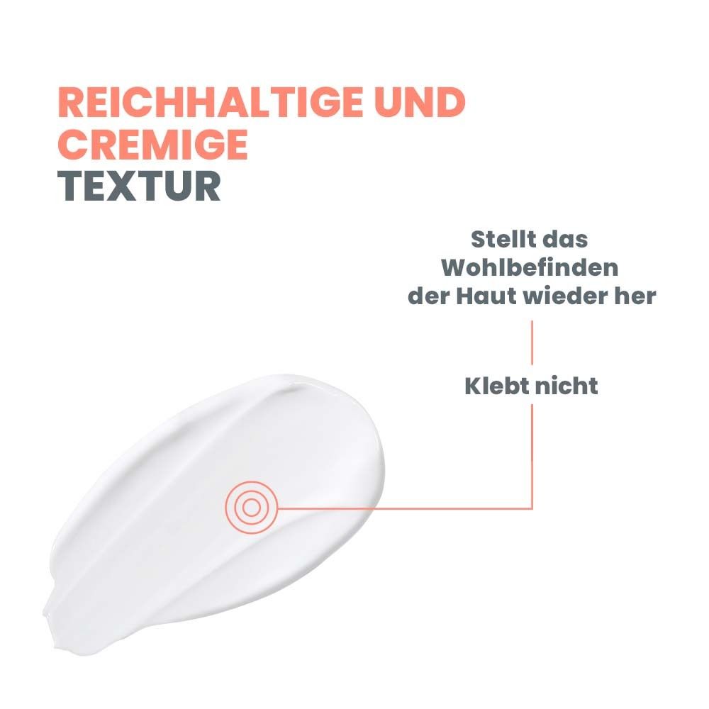 Texture crème. Restaure le bien-être de la peau. Non collant. Goutte de crème blanche.