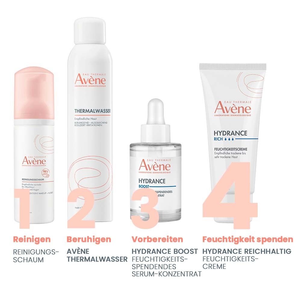 Gamme Avène : mousse nettoyante, eau thermale, sérum Hydrance Boost, crème Hydrance Rich.