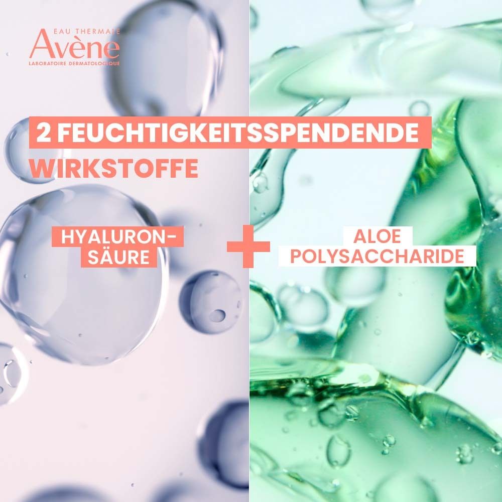 Deux illustrations : acide hyaluronique et polysaccharides d'aloe vera. Texte : 2 actifs hydratants.