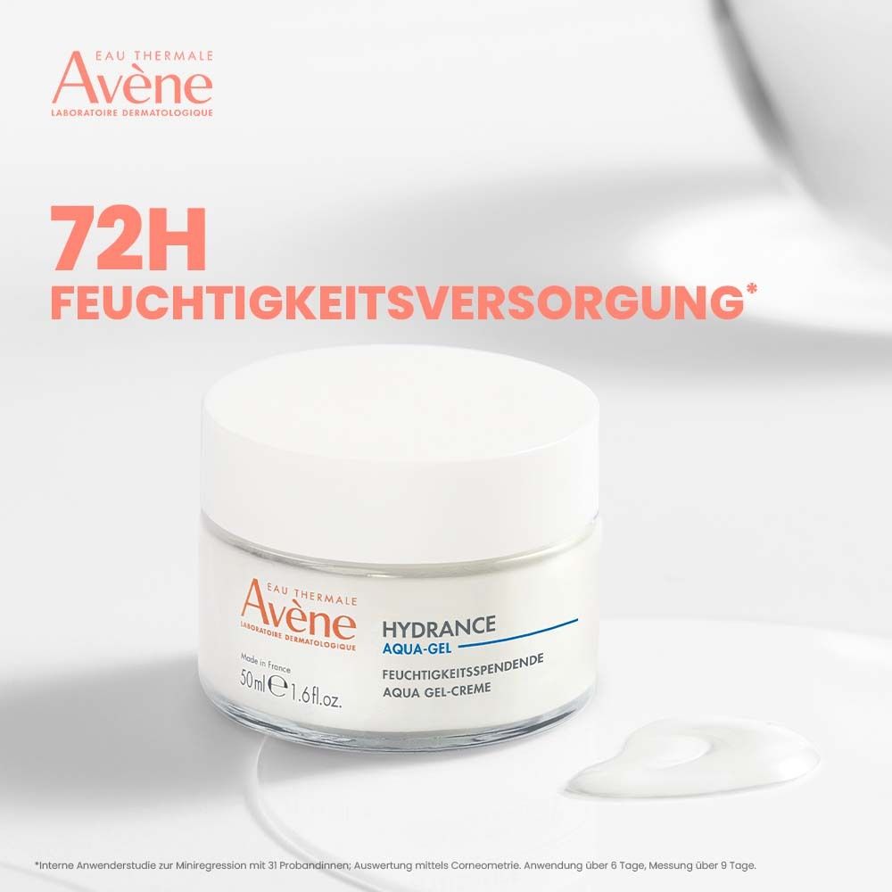 Pot Avène Hydrance Aqua-Gel. Inscription Aqua-Gel Crème. À côté, une goutte de crème. Texte : 72H d'hydratation.
