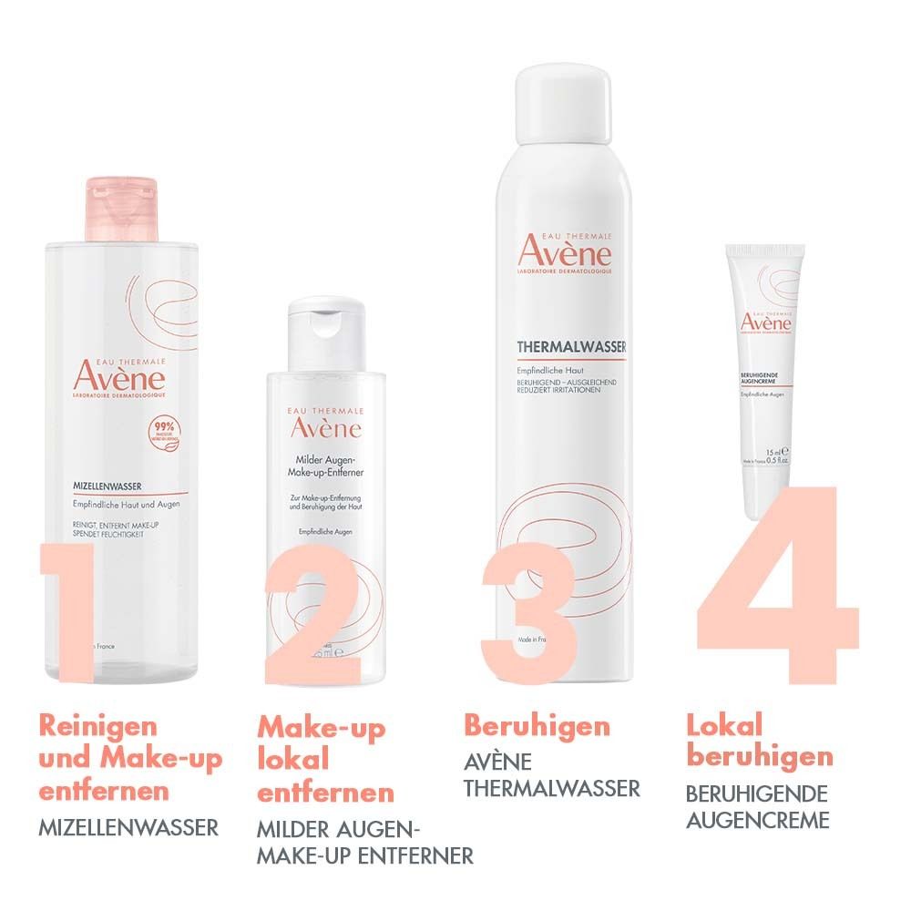Quatre produits côte à côte. 1: Eau micellaire. 2: Démaquillant yeux. 3: Eau thermale. 4: Crème yeux.