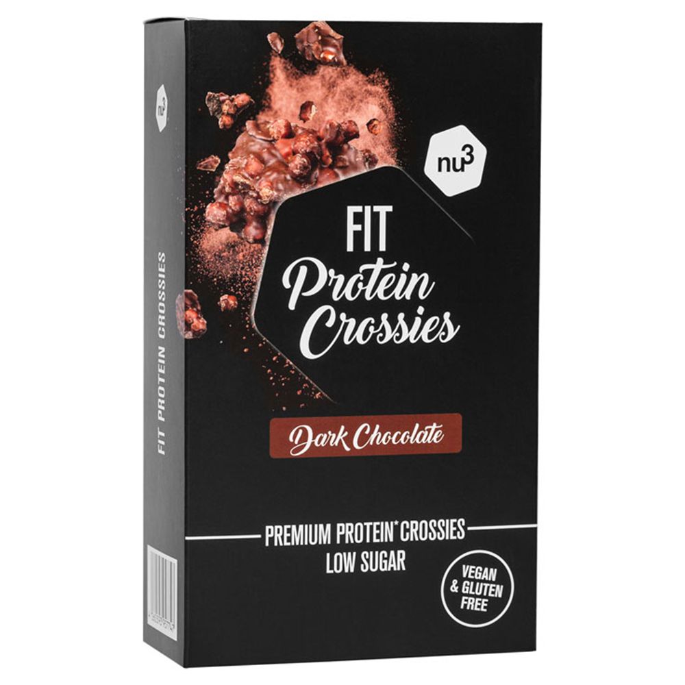 Boîte noire avec « FIT Protein Crossies ». Texte : Dark Chocolate, Premium Protein Crossies, Low Sugar, Vegan & Gluten Free.