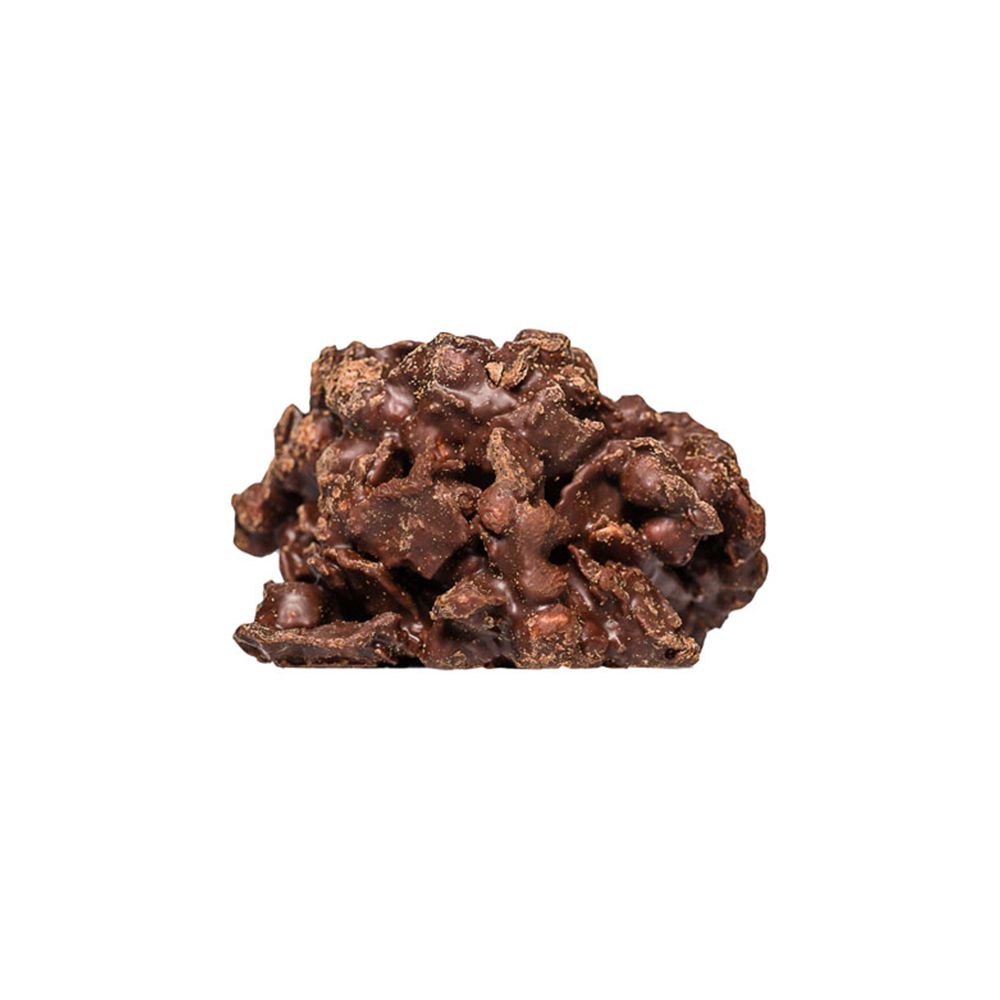 Gros plan d'un Protein Crossie. Enrobage chocolat avec une forme irrégulière.