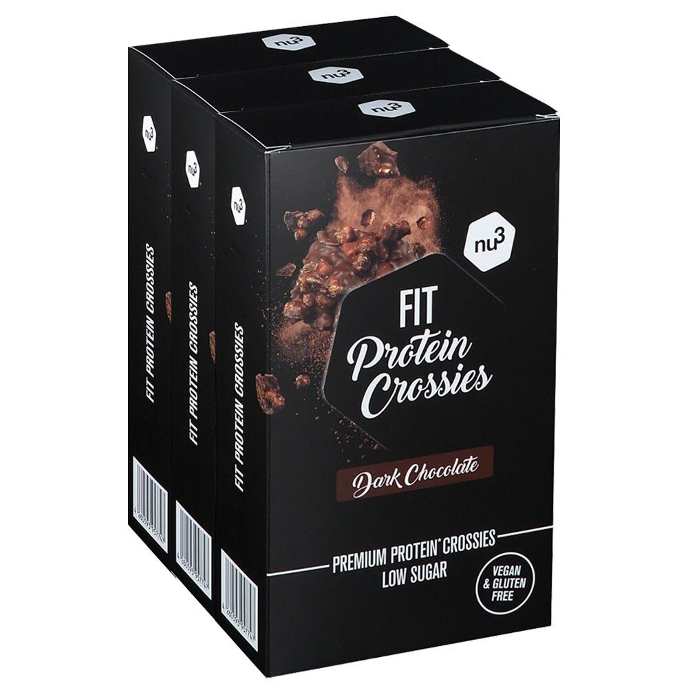 Emballage noir avec logo "nu3" et texte "FIT Protein Crossies". "Dark Chocolate" et "Vegan & Gluten Free" sont également visibles.