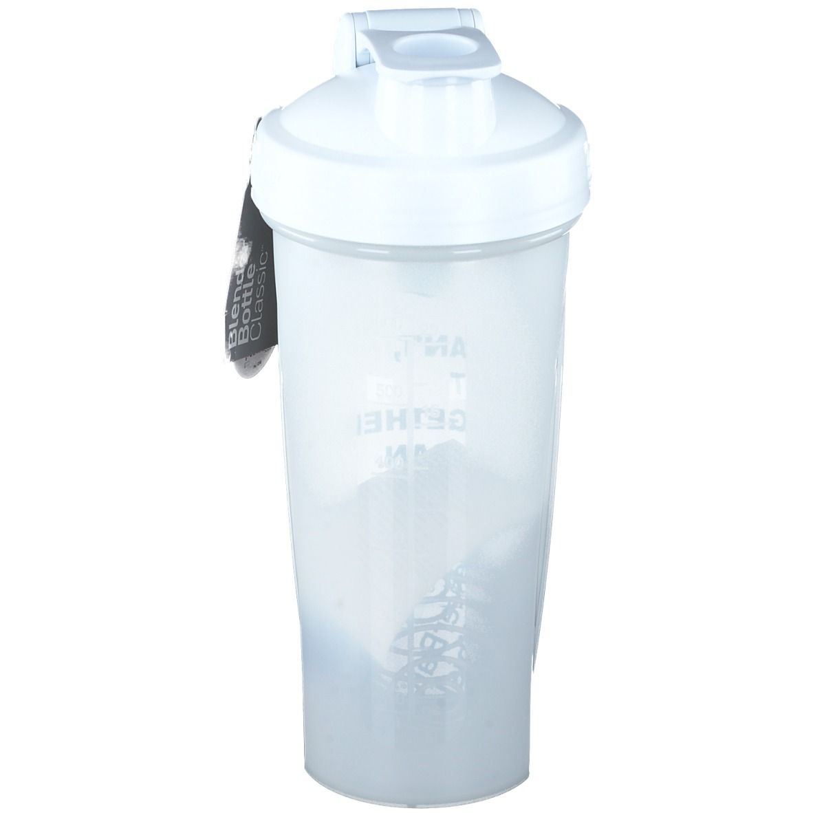 Weißer Shaker mit Deckel und Klappverschluss. Aufschrift auf dem Shaker-Behälter. Anhänger mit Schriftzug.