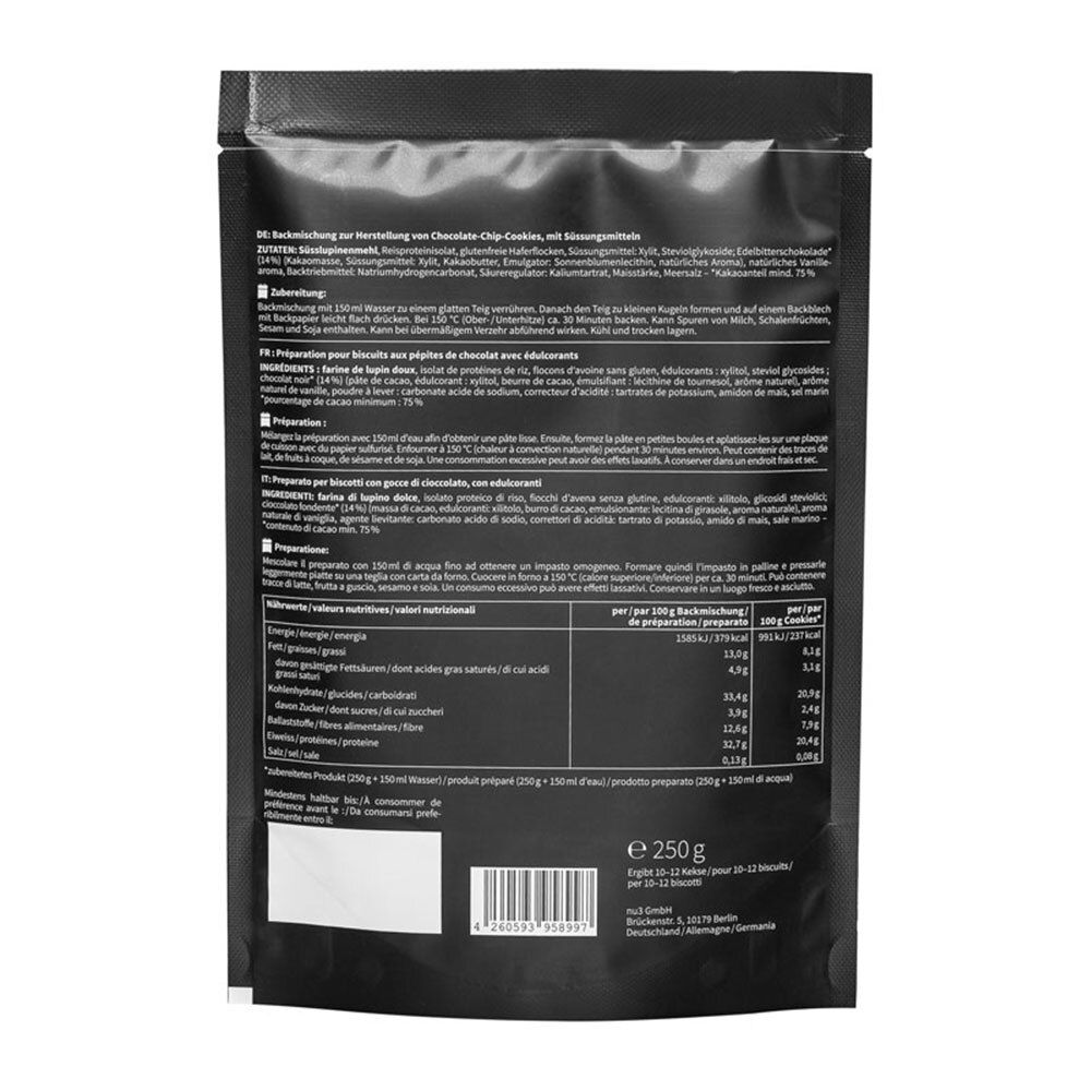 Dos de l'emballage avec liste des ingrédients et informations nutritionnelles. Texte en allemand, français et italien. Paquet de 250g.