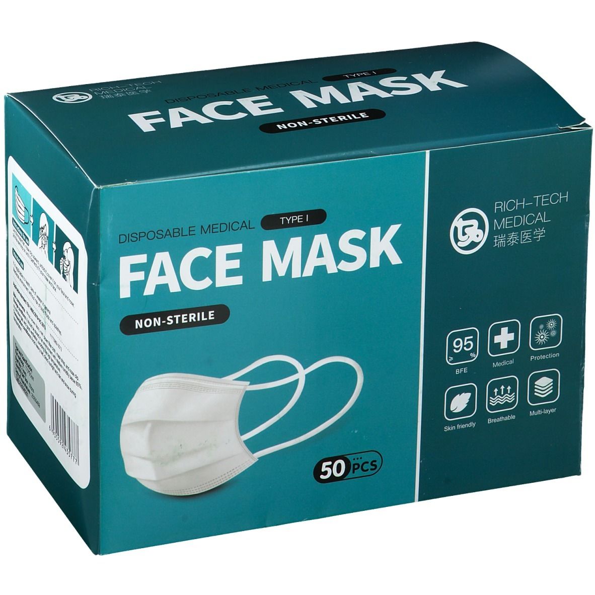 Boîte bleu-vert avec "FACE MASK". Contient 50 masques jetables. Logo et texte "RICH-TECH MEDICAL". Type I, non stérile. Image d'un masque.