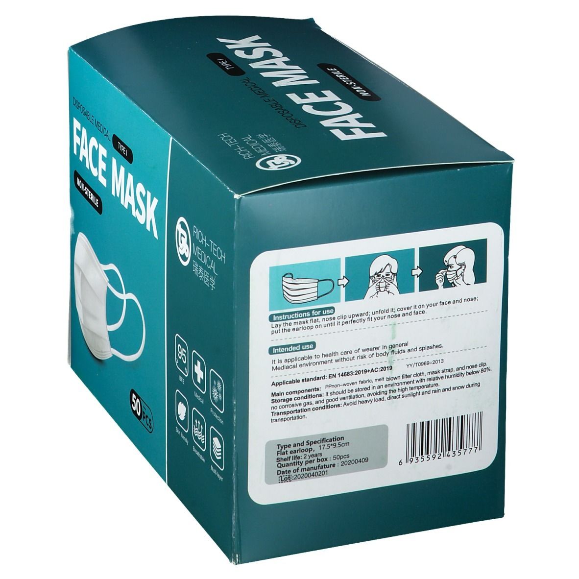 Boîte bleu-vert avec "FACE MASK". Contient 50 masques. Côté avec instructions et spécifications. Logo "RICH-TECH MEDICAL".