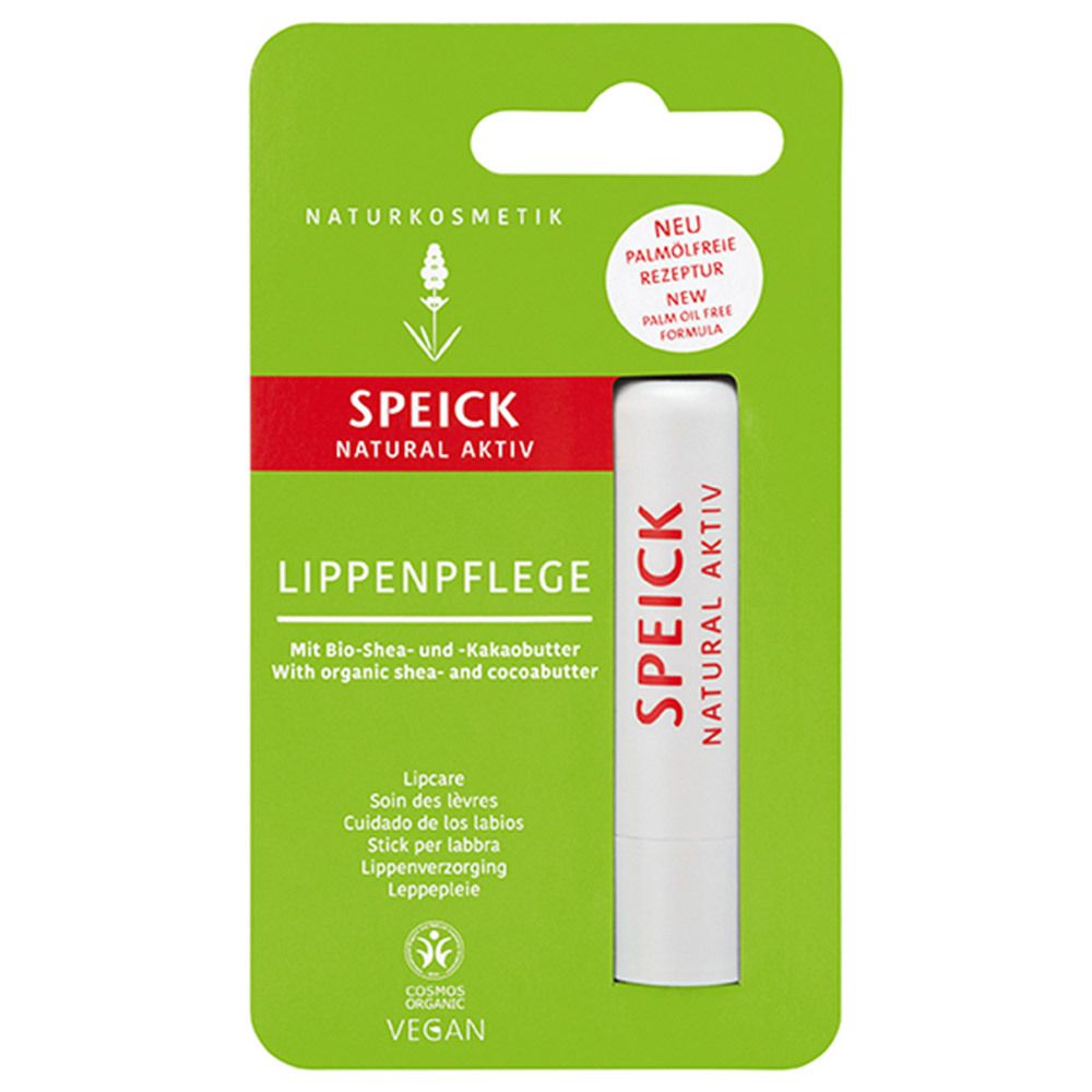 Stick de soin des lèvres dans un emballage vert. Nom et logo du produit visibles. Contient du beurre de karité et de cacao bio. Vegan.