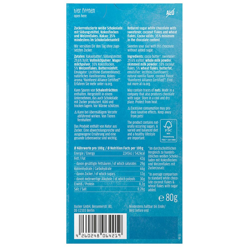 Xucker® Xylitol Blanc Chocolat Noix de Coco & Flocons