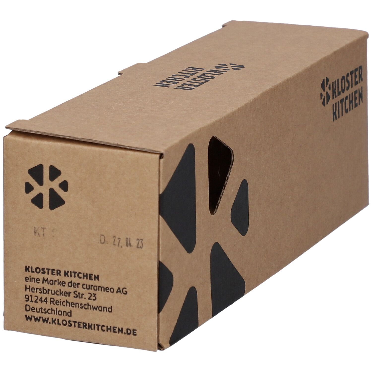 Emballage marron avec logo et adresse. Inscription : Kloster Kitchen, www.klosterkitchen.de.