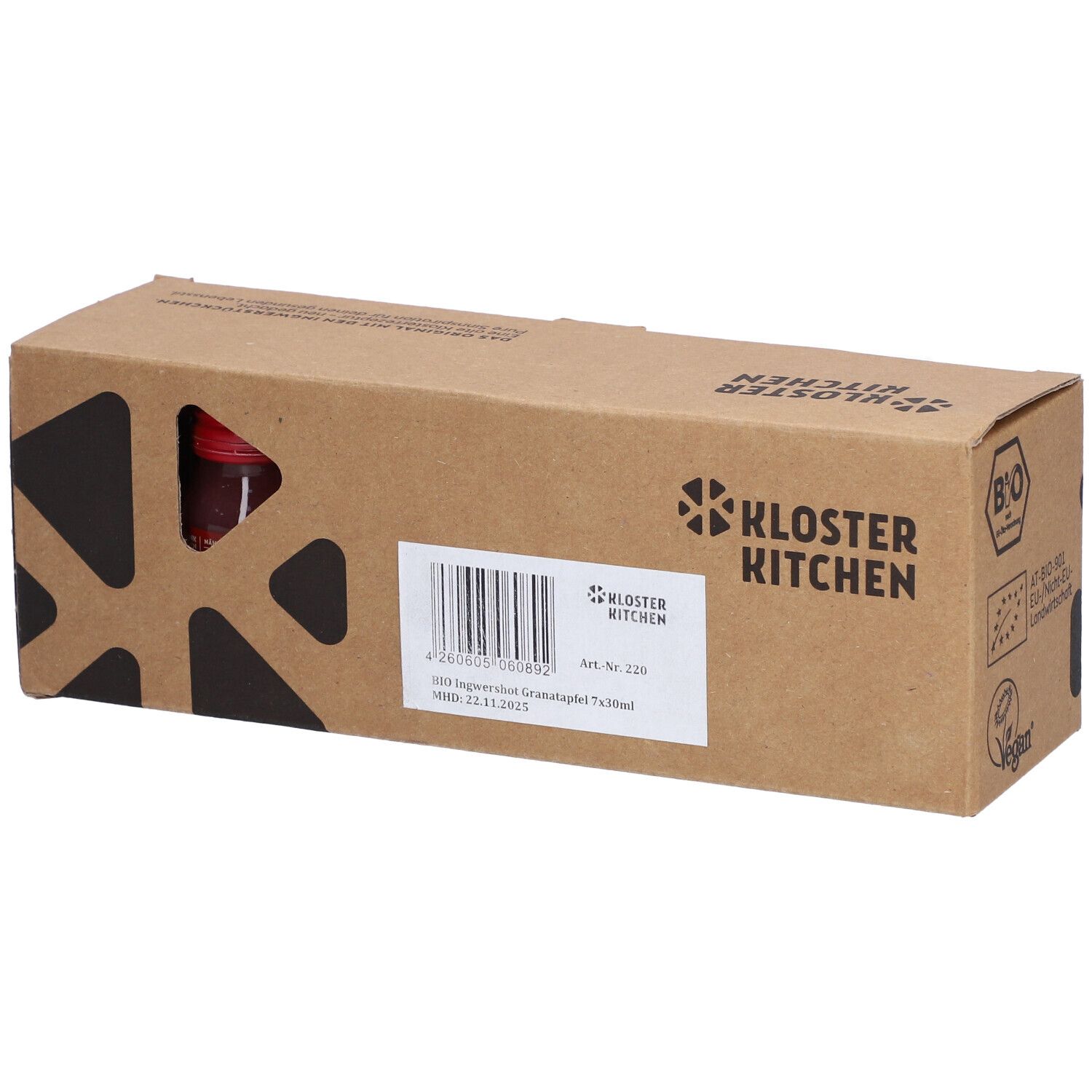 Boîte avec produit. Inscription: Kloster Kitchen, BIO, Art. Nr. 220, 7x30ml. Code-barres. Label bio.