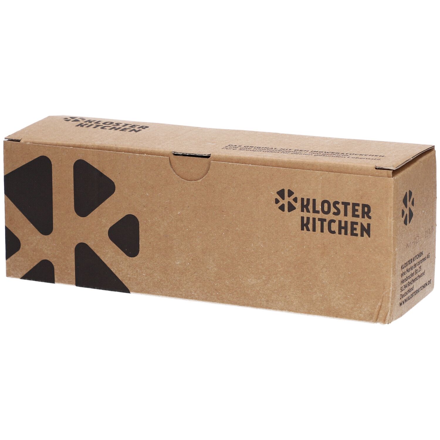 Boîte avec produit. Inscription: Kloster Kitchen, BIO, Art. Nr. 220, 7x30ml. Label bio, label vegan.