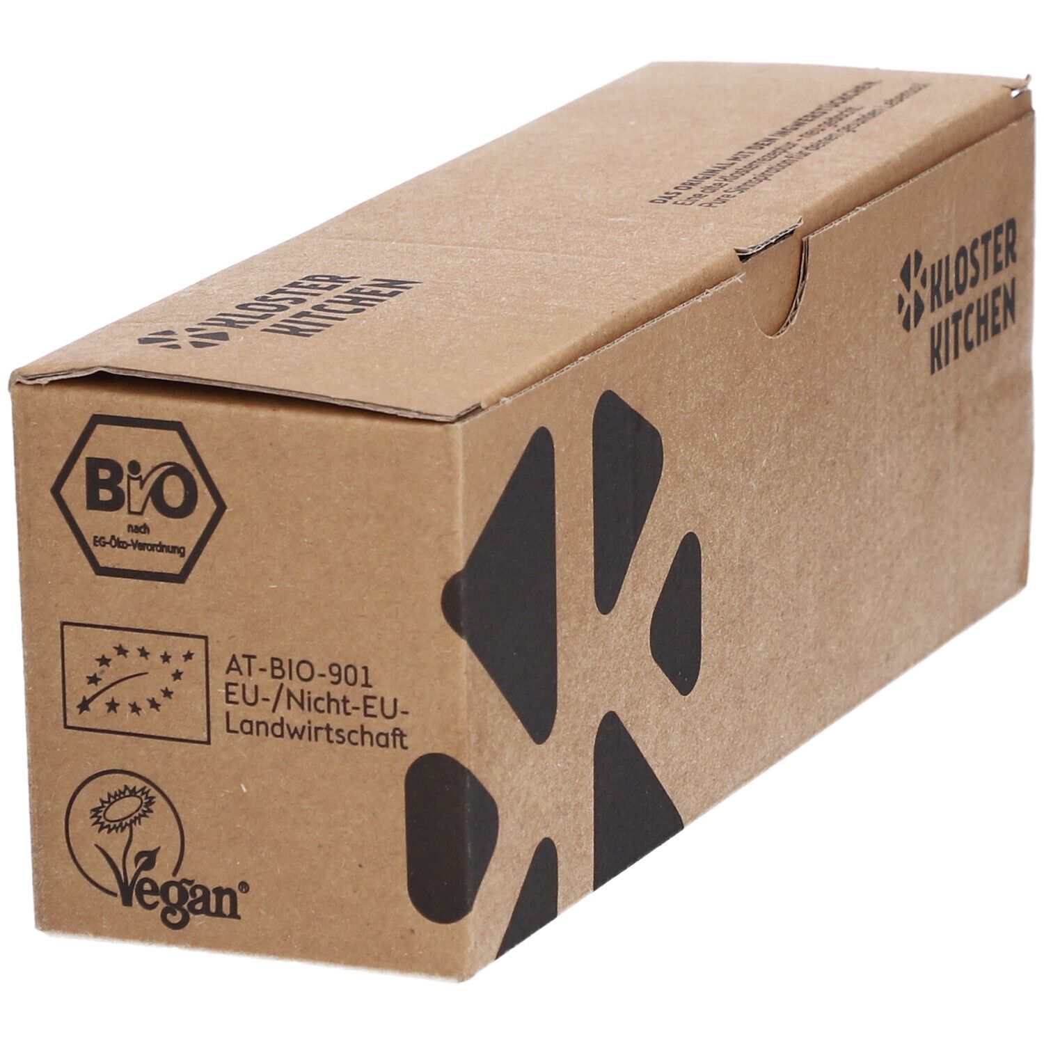 Boîte avec produit. Inscription: Kloster Kitchen, BIO, Art. Nr. 220, 7x30ml. Label bio, label vegan.