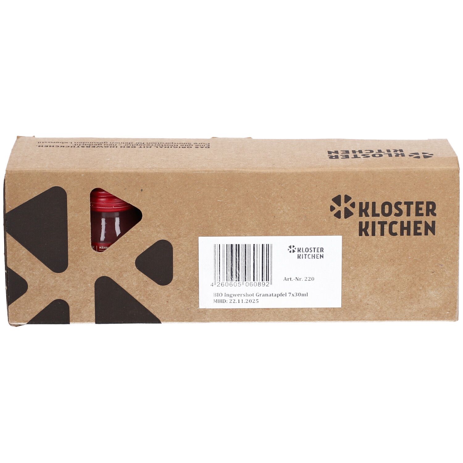 Boîte avec produit. Inscription: Kloster Kitchen, Art. Nr. 220, 7x30ml. Code-barres.