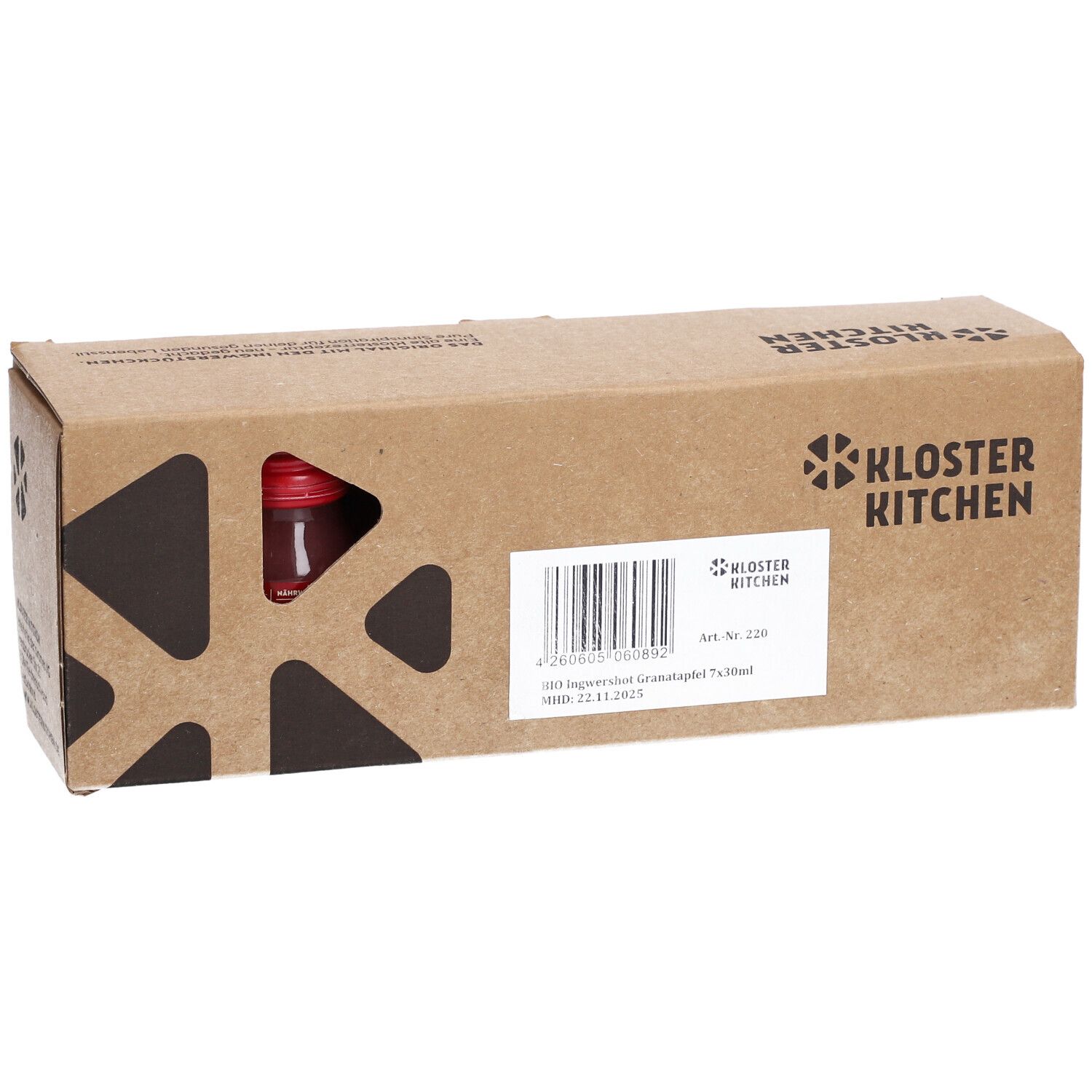 Boîte avec produit. Inscription: Kloster Kitchen, Art. Nr. 220, 7x30ml. Code-barres.