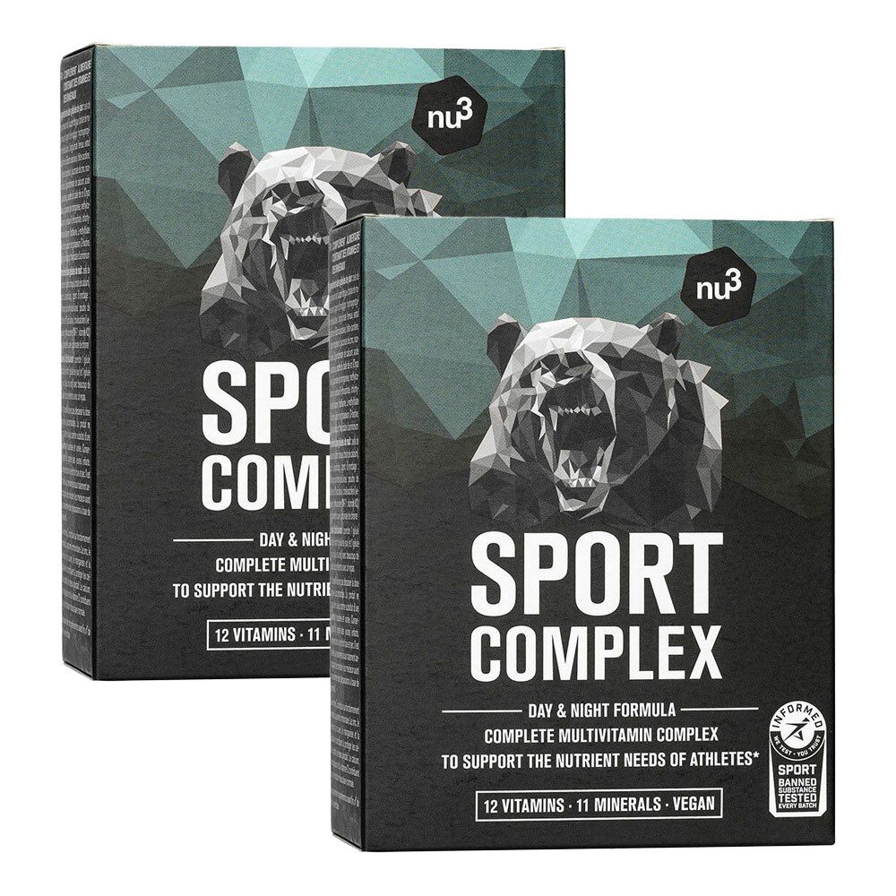 Zwei Schachteln nu3 Sport Complex. Schwarze Verpackung mit Bär-Grafik und Produktinformationen. Enthält 12 Vitamine, 11 Mineralien, vegan.