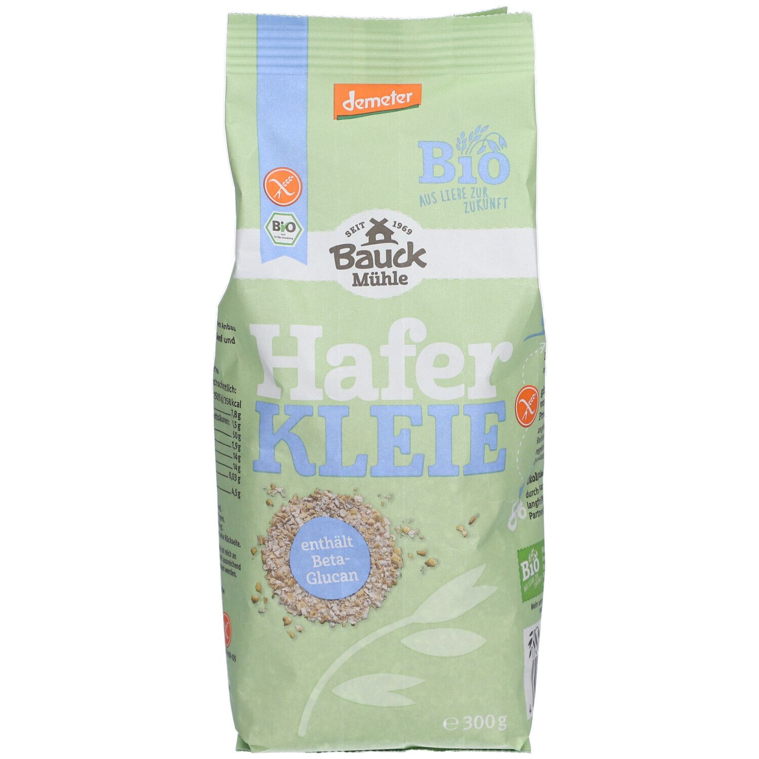 Paquet vert "Bauckhof HaferKLEIE". Label Bio. Symbole sans gluten. 300g. Contient bêta-glucane.