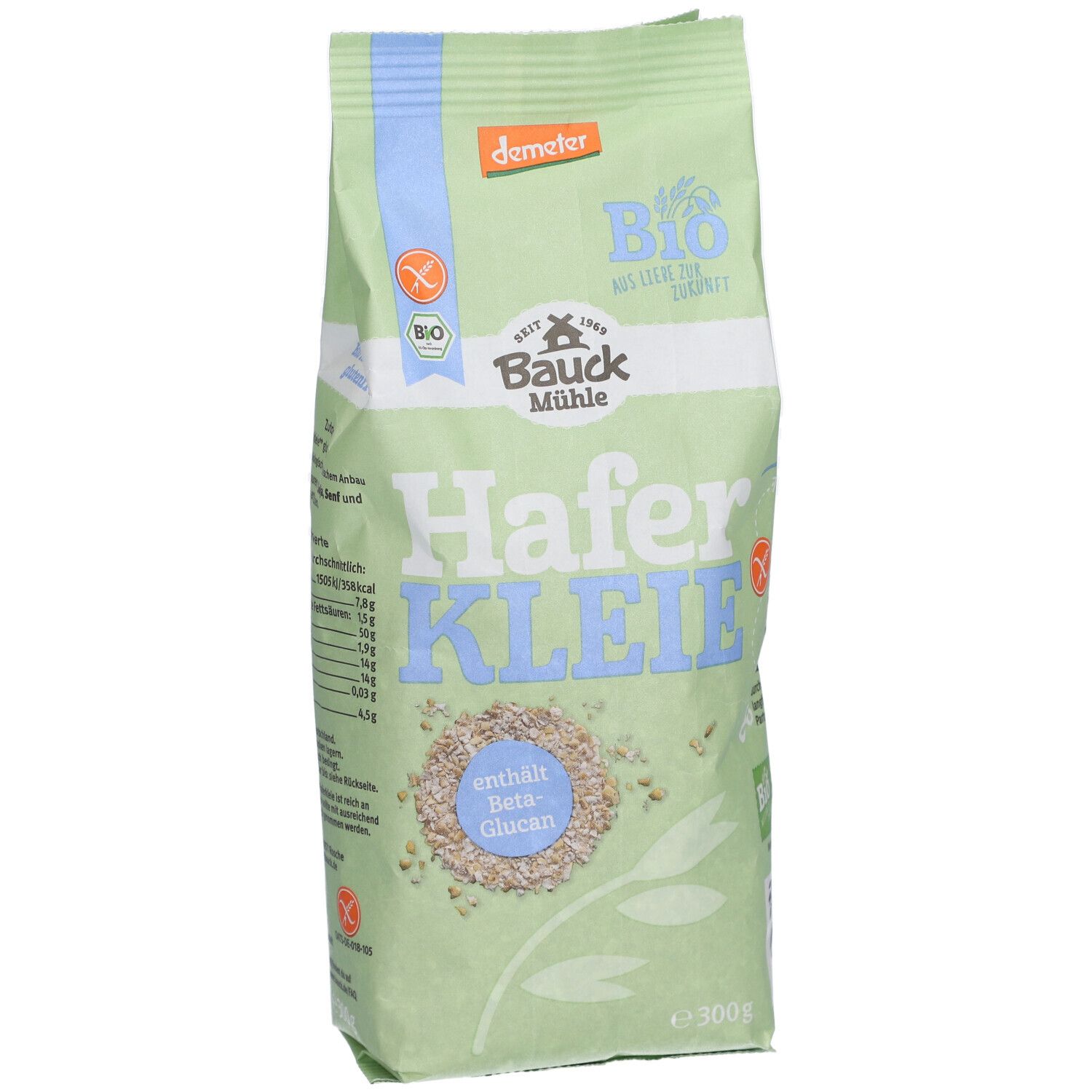 Paquet vert "Bauckhof HaferKLEIE". Label Bio. Symbole sans gluten. Informations nutritionnelles. 300g.
