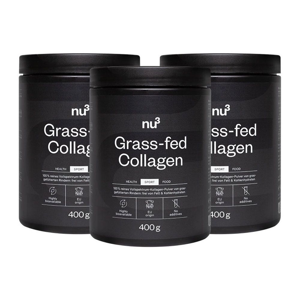 Trois boîtes noires avec l'inscription «nu3 Grass-fed Collagen». Chaque boîte contient 400g.