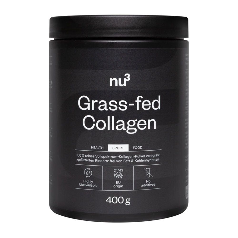 Boîte noire avec l'inscription «nu3 Grass-fed Collagen». Contient 400g. Logos pour santé, sport et alimentation.
