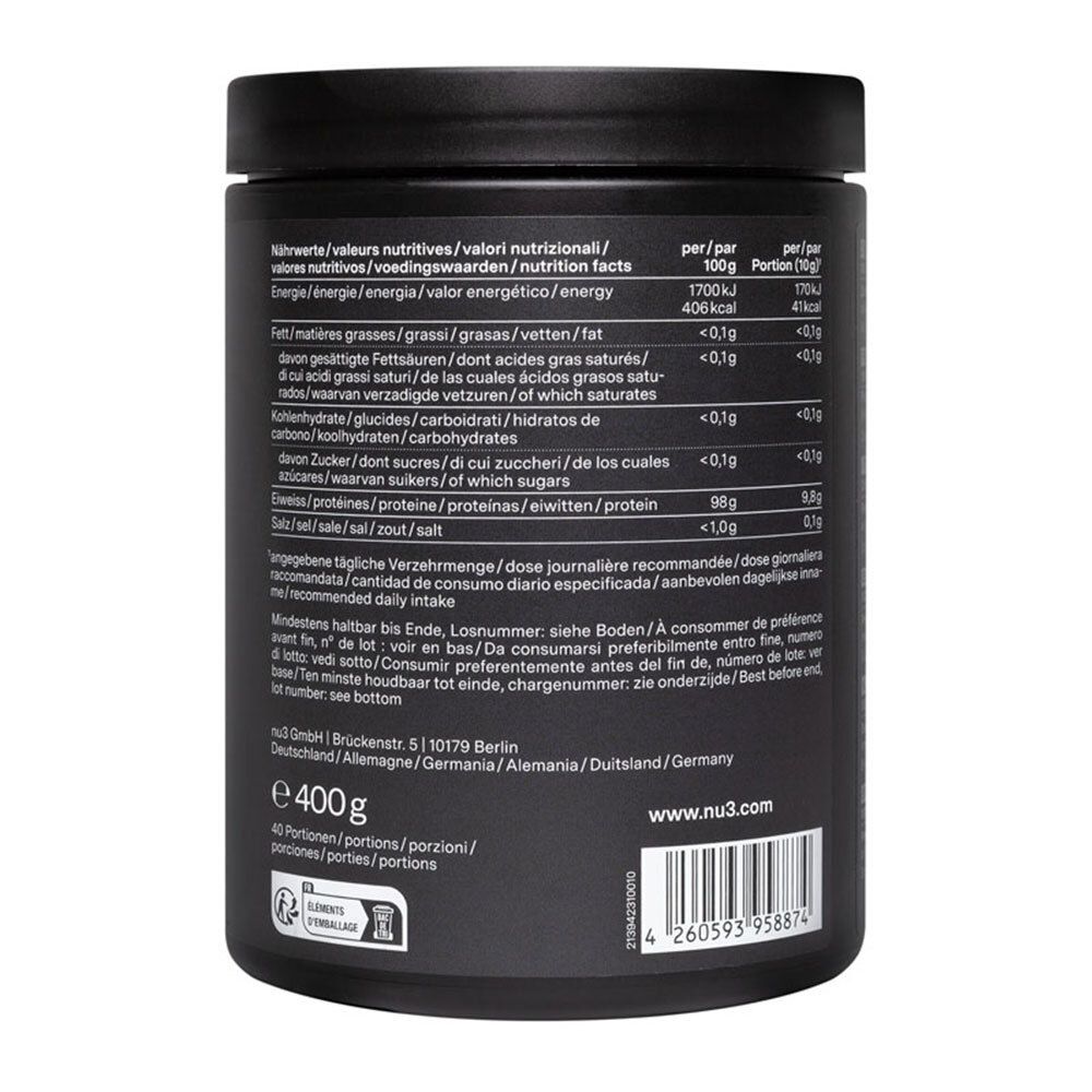 Dos d'une boîte noire avec informations nutritionnelles. Contient 400g. Ingrédients et fabricant.