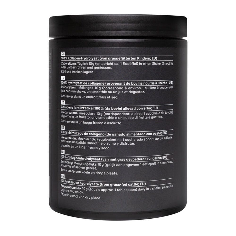 Dos d'une boîte noire avec instructions d'utilisation multilingues. Contient 400g.