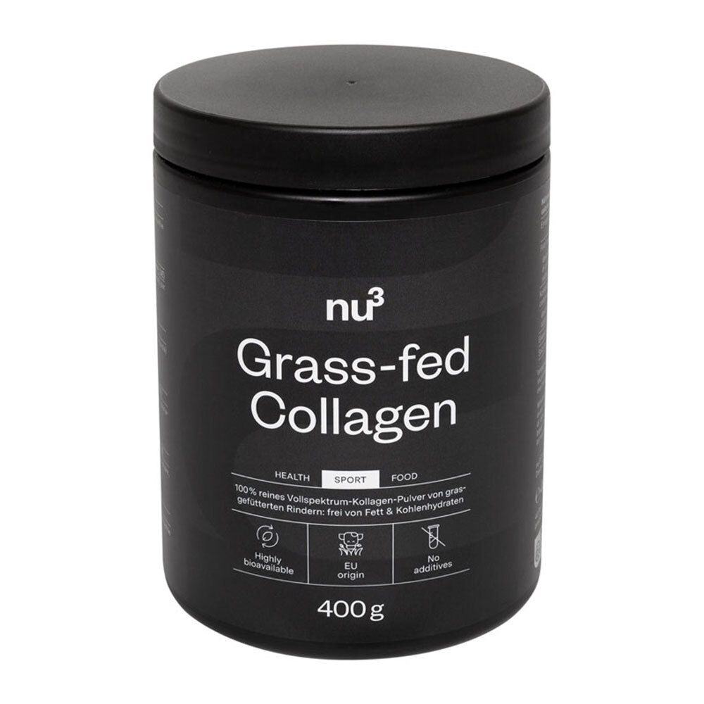 Boîte noire avec l'inscription «nu3 Grass-fed Collagen». Contient 400g. Logos pour santé, sport et alimentation.