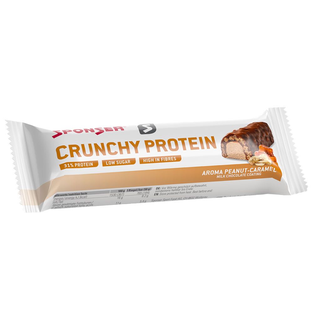 Proteinriegel in weißer Verpackung. Aufschrift: CRUNCHY PROTEIN, 31% Protein, Low Sugar, High in Fibres. Aroma Peanut-Caramel.