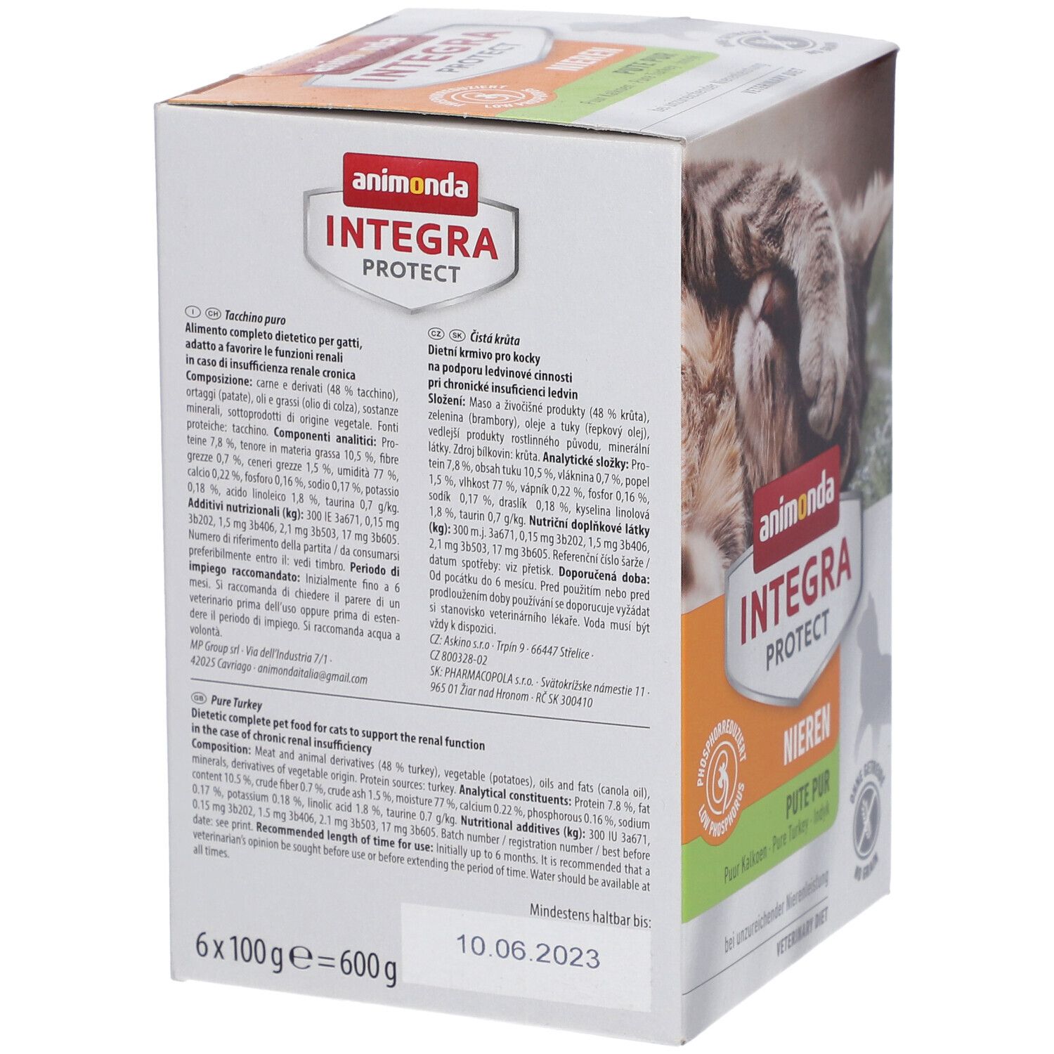 Boîte animonda Integra Protect Nieren Pute Pur. Arrière avec texte multilingue. 6x100g = 600g.