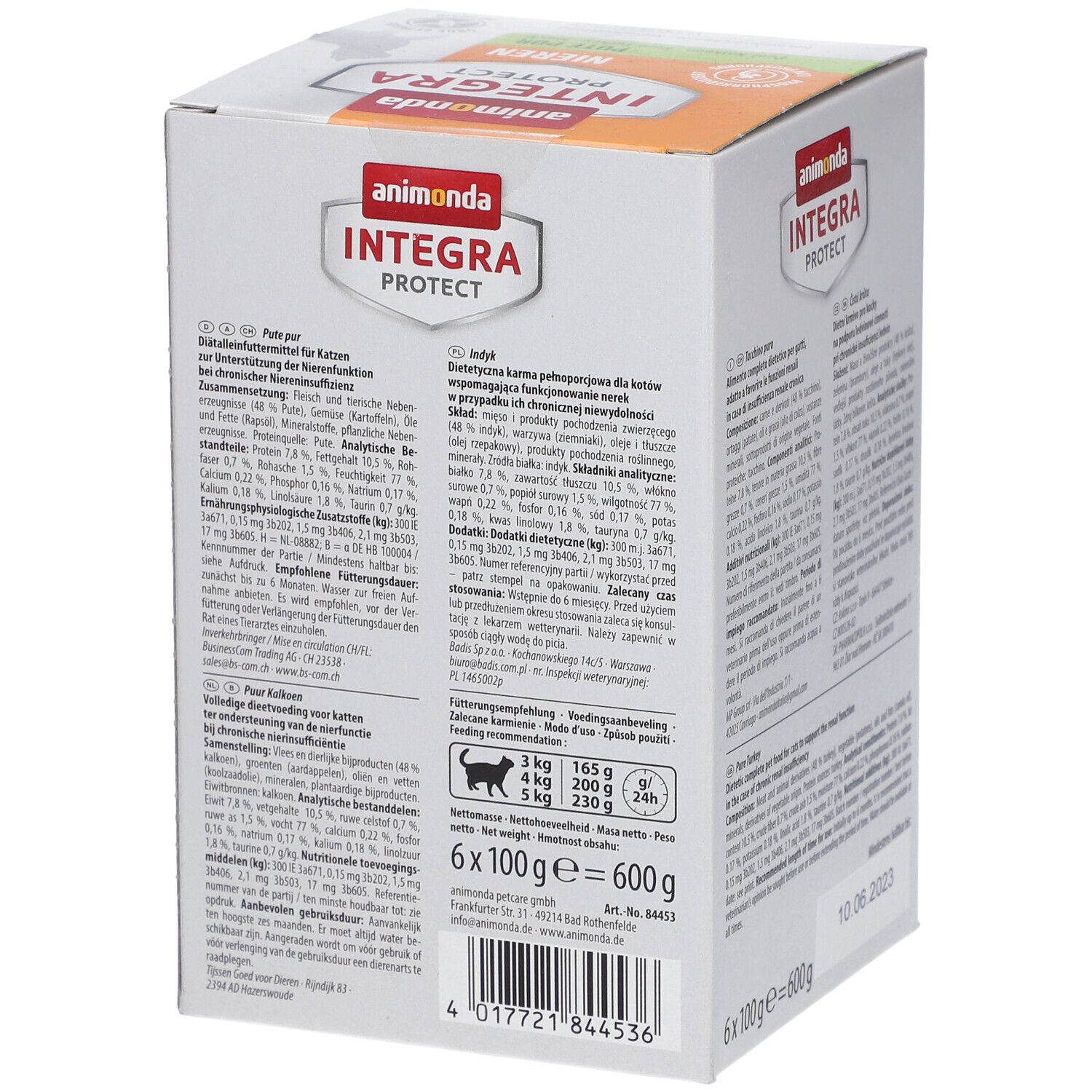 Boîte animonda Integra Protect Nieren Pute Pur. Arrière avec texte multilingue. 6x100g = 600g.