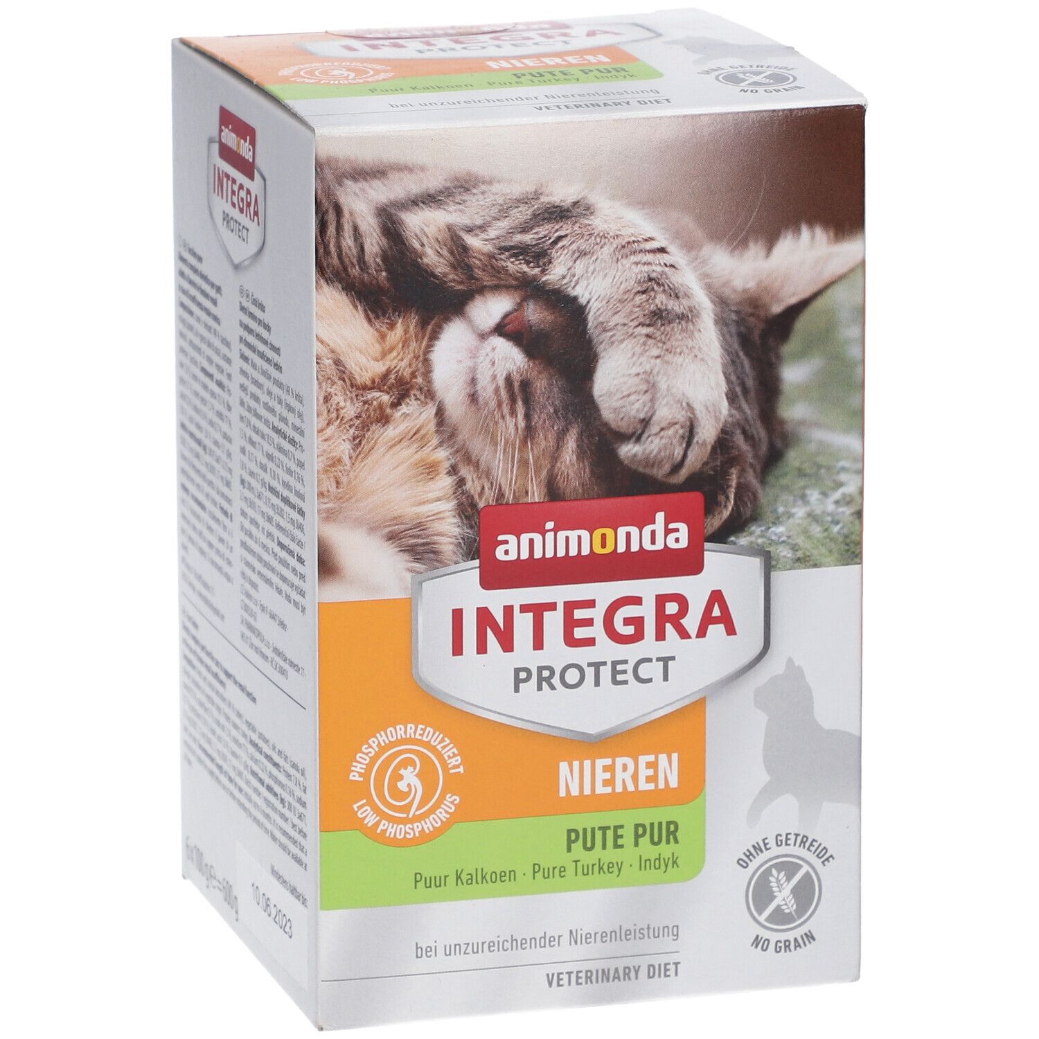 Boîte animonda Integra Protect Nieren Pute Pur. Logo, nom du produit et chat. Design vert et orange.