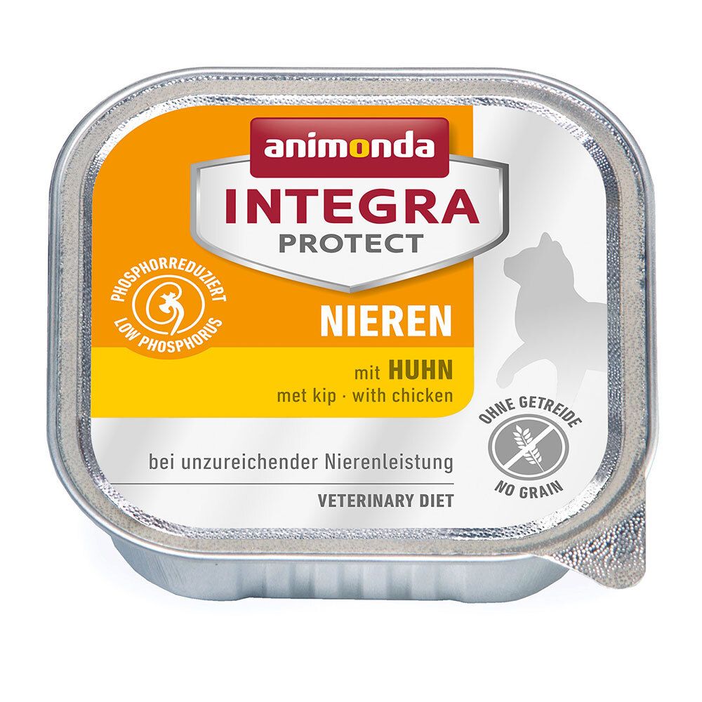 Alimentation pour animaux en barquette. Inscription : animonda INTEGRA PROTECT NIEREN avec poulet. Sans céréales. Régime vétérinaire.