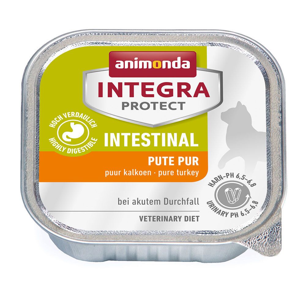 Boîte carrée "animonda INTEGRA PROTECT INTESTINAL PUTE PUR". Design vert-orange, texte: "Hautement digestible", "Régime vétérinaire".