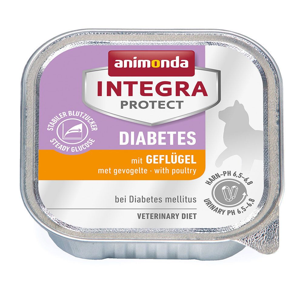 Emballage d'animonda Integra Protect Diabetes Geflügel. Design violet et orange avec texte : Diabetes, Geflügel, Steady Glucose, Veterinary Diet.