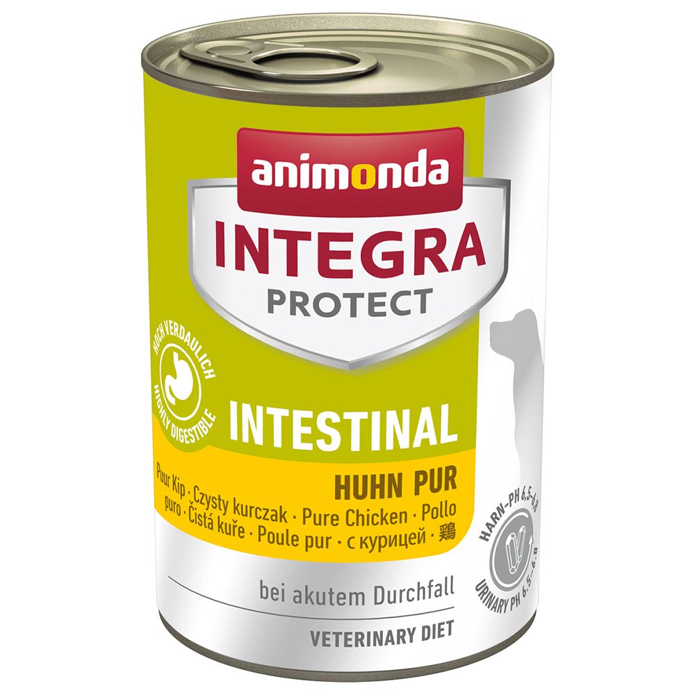 Boîte de conserve avec étiquette. Inscription : animonda INTEGRA PROTECT INTESTINAL Huhn pur. Aliment vétérinaire.