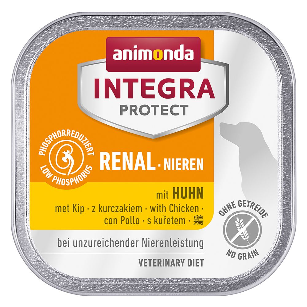 Boîte carrée animonda Integra Protect. Inscription: Renal Nieren mit Huhn. Logos: Low Phosphorus, sans céréales. Aliment vétérinaire.