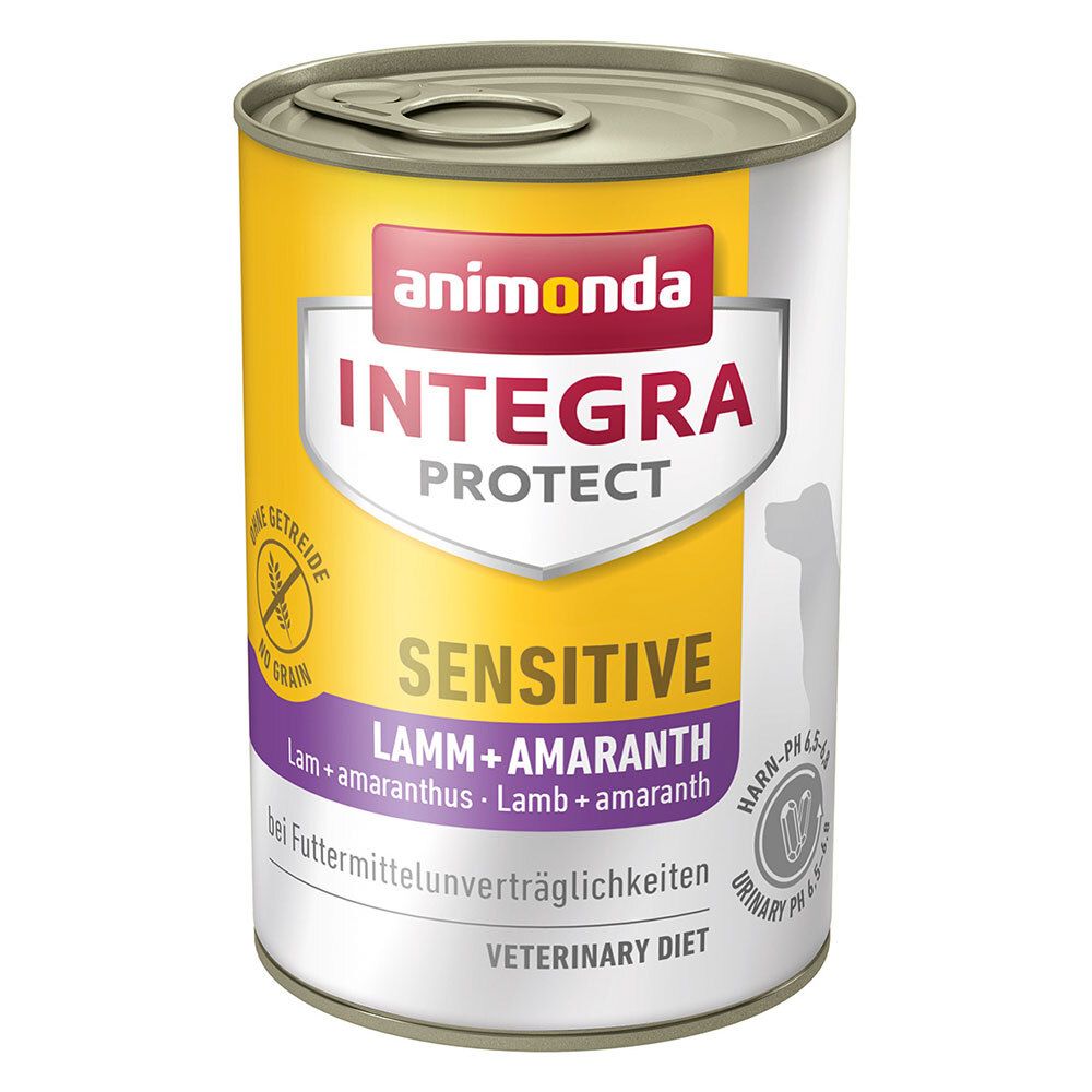 Boîte ronde avec étiquette jaune. Inscription : animonda INTEGRA PROTECT SENSITIVE Lamm + Amaranth. Aliment diététique vétérinaire pour chiens.