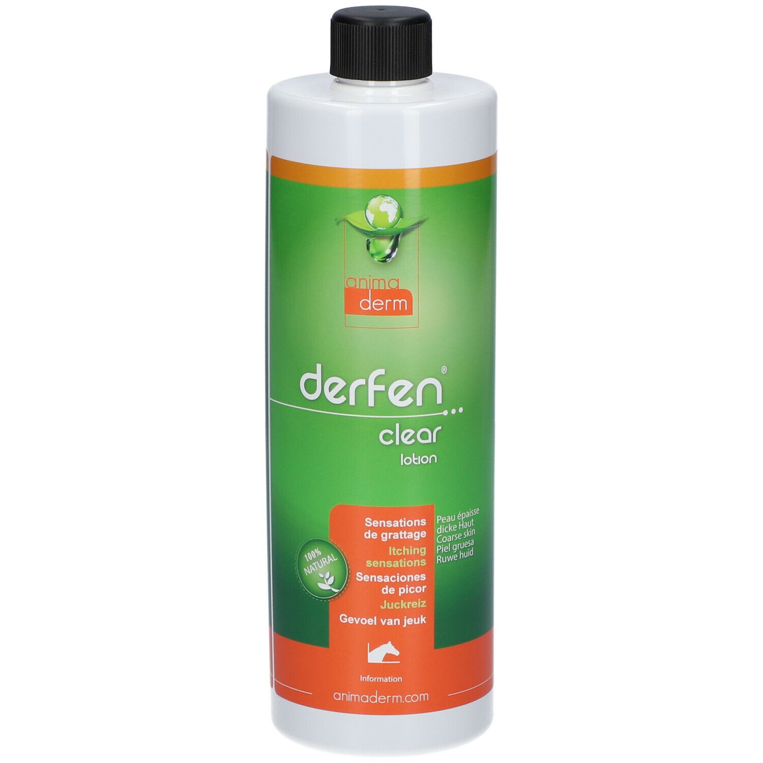 Animaderm Derfen Clear Lotion. Weiße Flasche mit schwarzem Deckel. Grünes Etikett mit Produktnamen und Text. 100% natürlich.