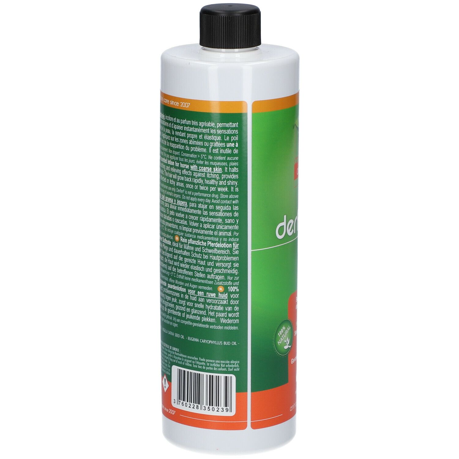 Rückseite der Animaderm Derfen Clear Lotion Flasche. Text in mehreren Sprachen. Barcode und Warnhinweis.
