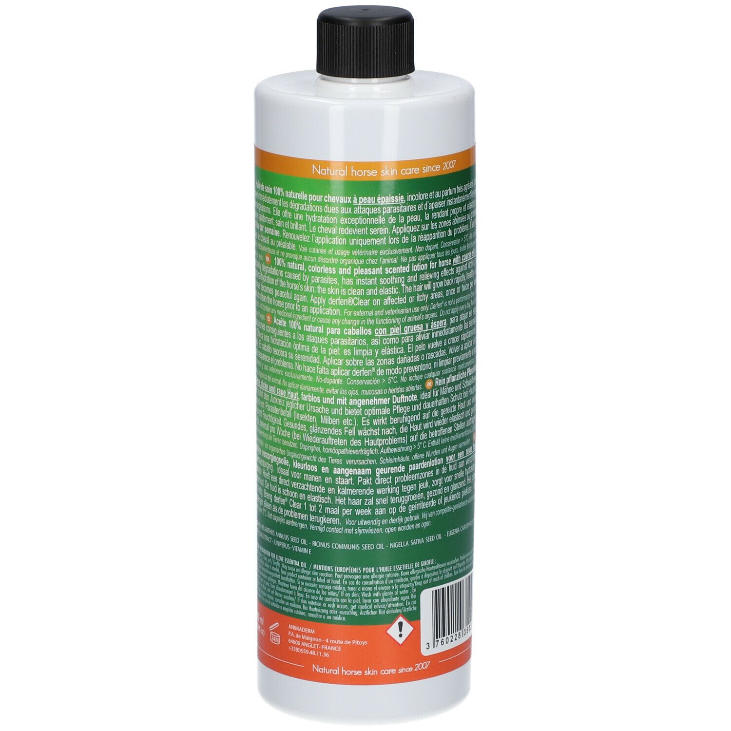 Rückseite der Animaderm Derfen Clear Lotion Flasche. Text in mehreren Sprachen. Warnhinweis und Barcode.