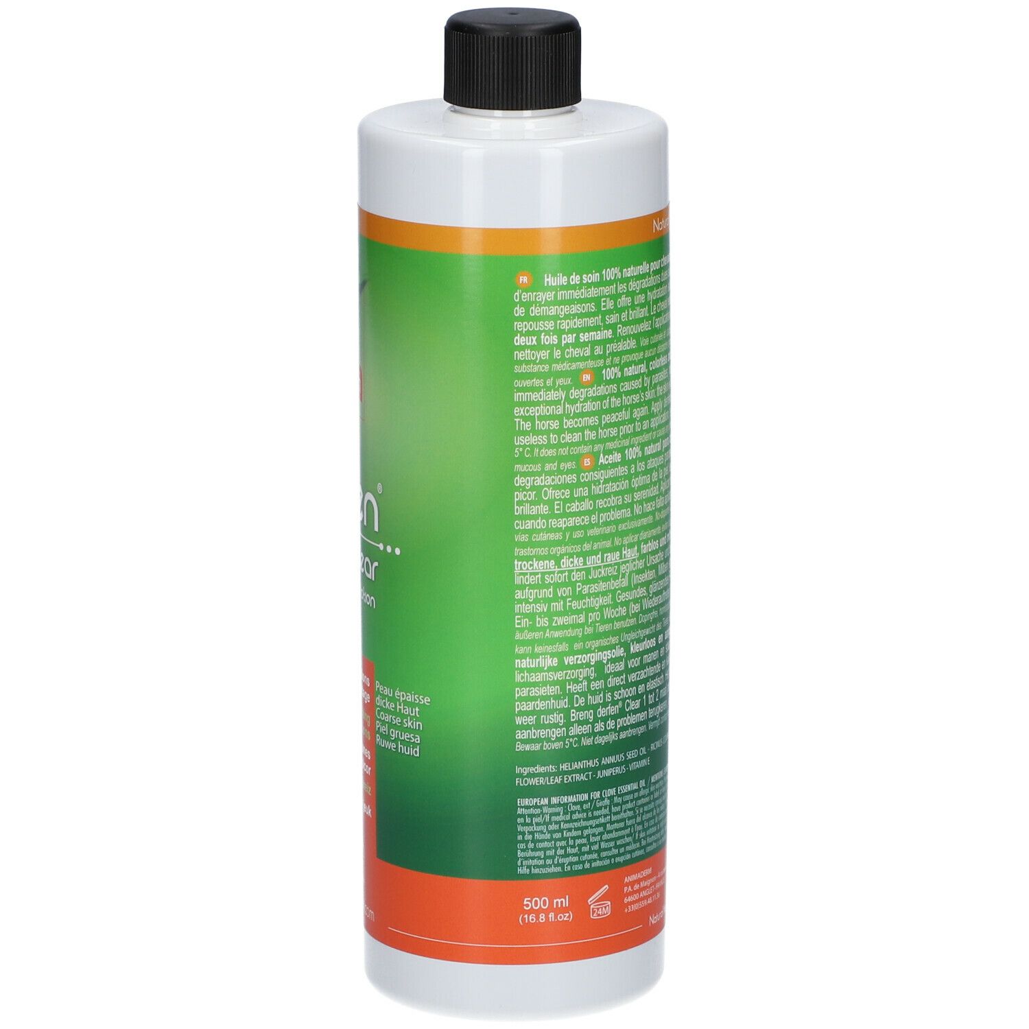 Rückseite der Animaderm Derfen Clear Lotion Flasche. Text in mehreren Sprachen. Volumenangabe 500 ml.