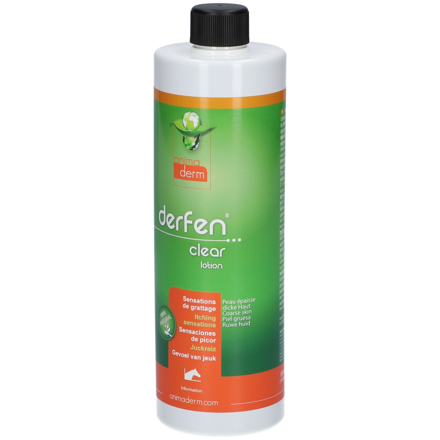 Animaderm Derfen Clear Lotion. Weiße Flasche mit schwarzem Deckel. Grünes Etikett mit Produktnamen und Text. 100% natürlich.