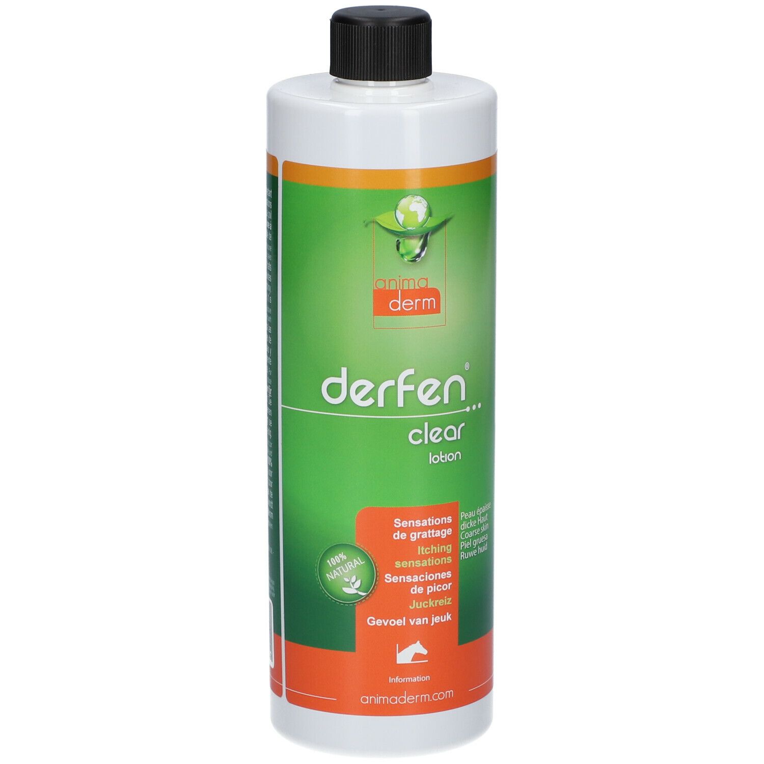 Animaderm Derfen Clear Lotion. Weiße Flasche mit schwarzem Deckel. Grünes Etikett mit Produktnamen und Text. 100% natürlich.